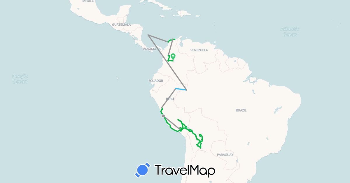 TravelMap itinerary: bus, plane, boat in Bolivia, Colombia, Peru (South America)